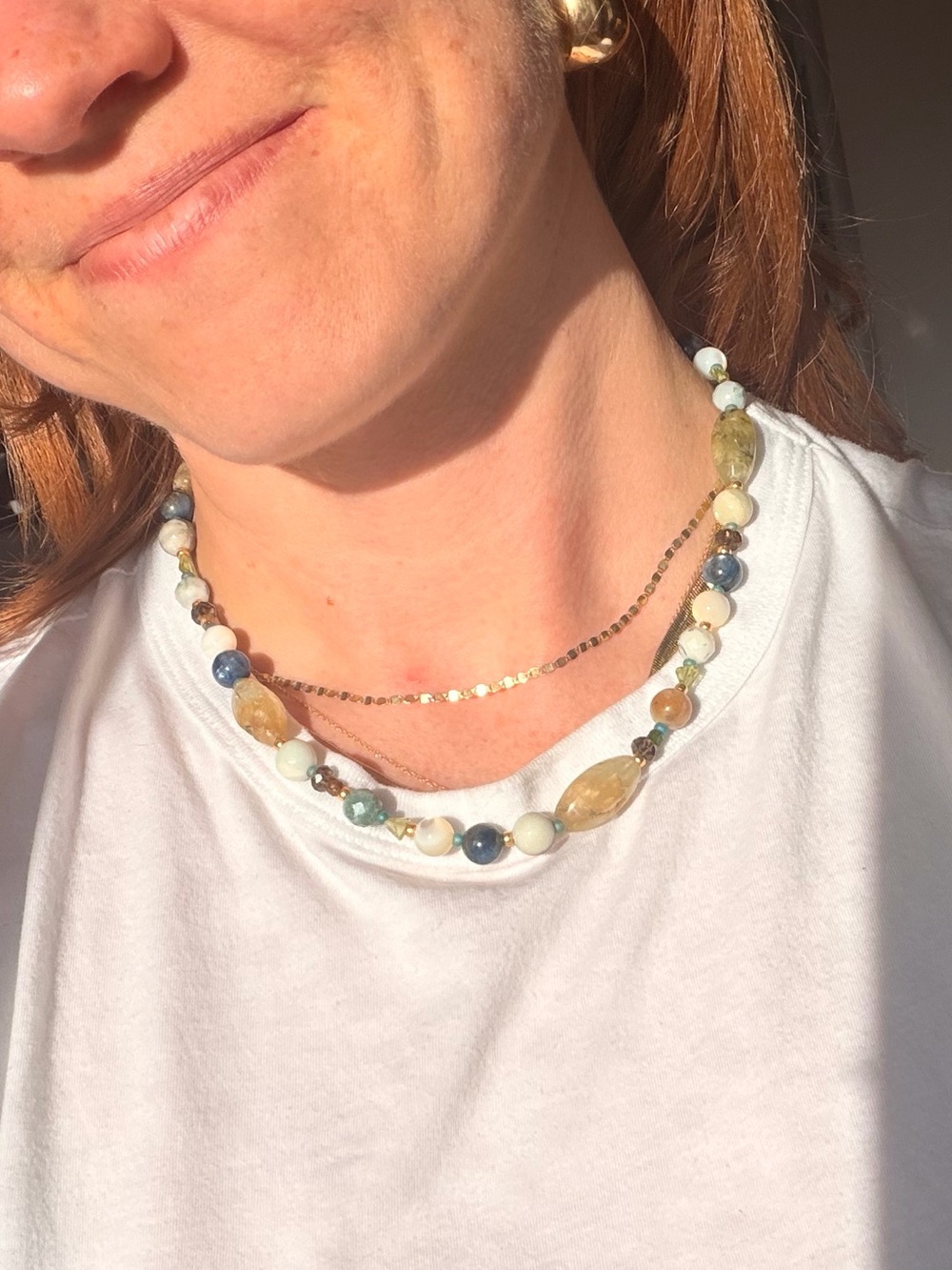Semi-precious beaded Necklace with 14k Gold plated Accents - Women Jewelry